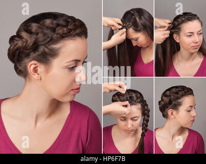 Process of weaving braid.Hairstyle for long hair.Boho style Stock Photo