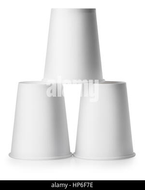 Pyramid of white disposable paper cups isolated on white background with clipping path Stock Photo