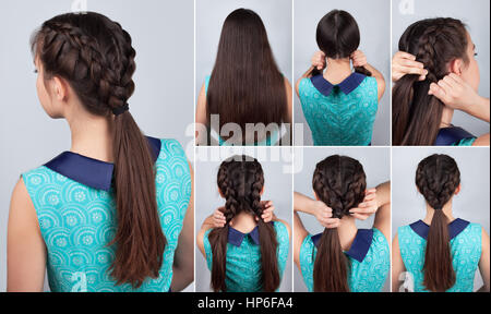 simple braid hairstyle tutorial. Easy hairstyle for long hair. Hairstyle tutorial two braids with pony tail. Hair tutorial Stock Photo