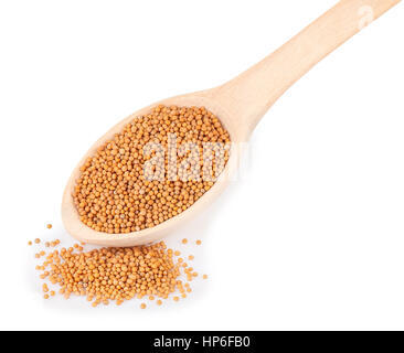 mustard isolated on white. Mustard seeds in wooden spoon isolated on white background. Mustard seeds in wooden spoon Stock Photo