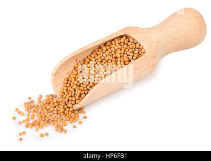 mustard isolated on white. Mustard seeds in wooden scoop spoon isolated on white background. Mustard seeds in wooden scoop Stock Photo