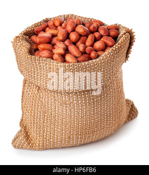 Peanut in sack on white background. Full burlap bag of unshelled peanuts Stock Photo