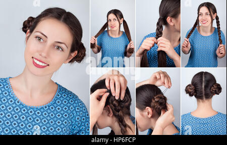 Hair tutorial. Hairstyle braid tutorial. Backstage technique of weaving plait. Hairstyle. Tutorial. Hairstyle two braided buns Stock Photo
