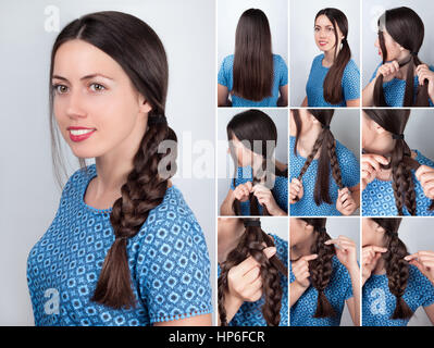 Hair tutorial. Hairstyle braid tutorial. Backstage technique of weaving plait. Hairstyle. Tutorial Stock Photo