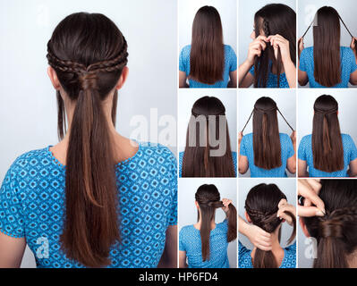 simple hairstyle pony tail with braids hair tutorial. Hairstyle for long  hair. Hairstyle tutorial for long hair Stock Photo - Alamy
