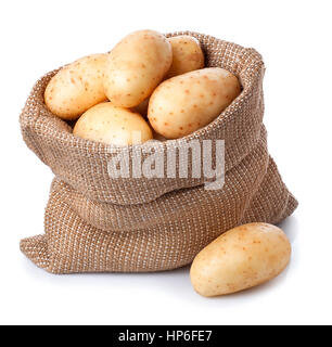 new fresh raw potatoes in bag isolated on white background. Ripe potatoes in burlap sack isolated on white background Stock Photo