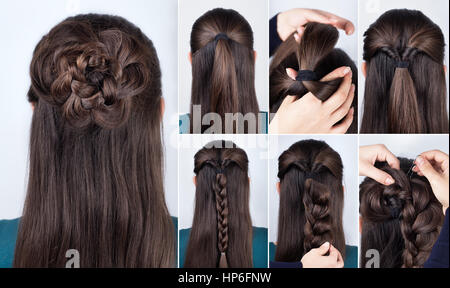 hairstyle braided rose tutorial  step by step. Hairstyle for long hair. Simple hairstyle for long and medium loose hair tutorial. Braided hairstyle. H Stock Photo