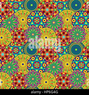 Seamless floral pattern with various motley colourful geometric flowers, vector illustration as a paper wrapper Stock Vector