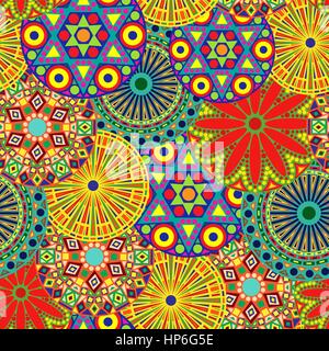 Bright vivid seamless floral pattern with various motley colourful geometric flowers, vector illustration as a paper wrapper Stock Vector