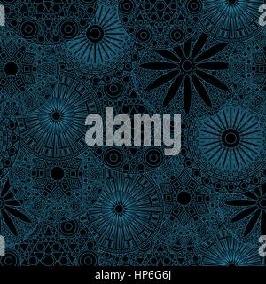 Lacy seamless floral pattern with various stylized geometric blue flowers on the black background, vector illustration Stock Vector