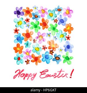 Happy Easter! Watercolor flowers and inscription. Easter card. Raster illustration Stock Photo