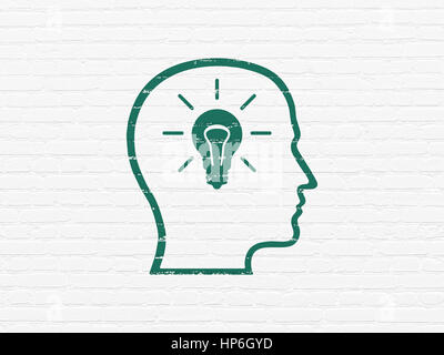 Information concept: Painted green Head With Lightbulb icon on White Brick wall background Stock Photo