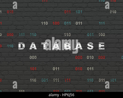 Software concept: Painted white text Database on Black Brick wall background with Binary Code Stock Photo