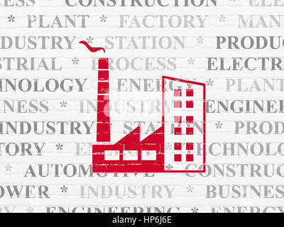 Manufacuring concept: Painted red Industry Building icon on White Brick wall background with  Tag Cloud Stock Photo