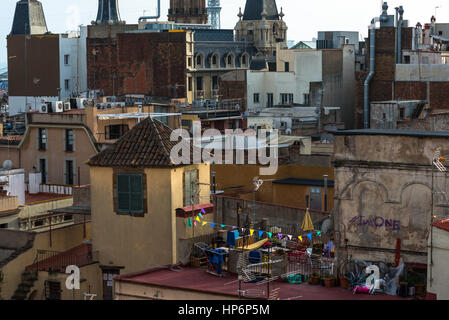 Barcelona rooftops seen from the top of Santa Maria del Mar, La Ribera, Barcelona, Catalonia, Spain Stock Photo