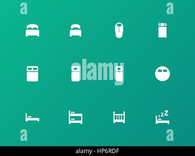 Bed, bunk and sleeping bag icons on green background. Stock Vector
