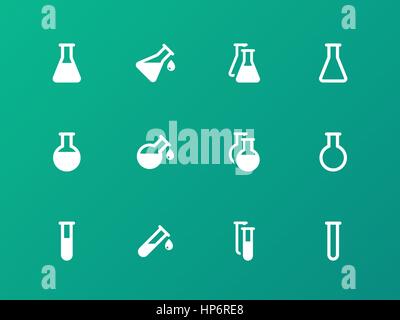 Erlenmeyer flasks flask tube icons on green background. Stock Vector