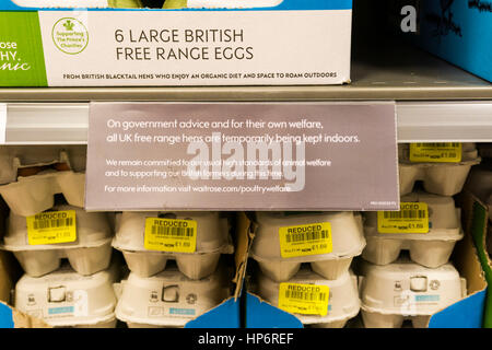 Sign in Waitrose supermarket says that free range hens are currently kept indoors. Due to a temporary housing order as precaution against Avian flu. Stock Photo