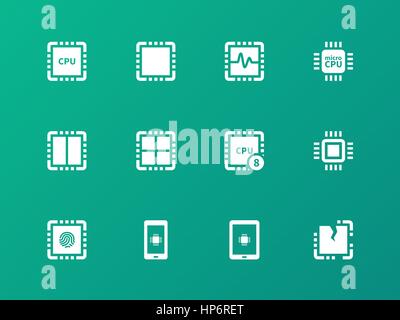 Central Processing Unit icons on green background. Stock Vector