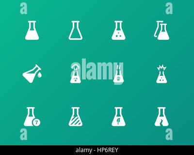 Pharmacology flask icons on green background. Stock Vector