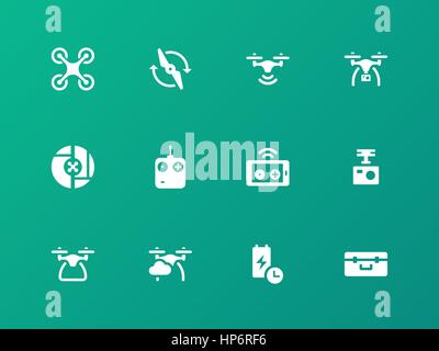 Quadcopter with camera on map  icons on green background. Stock Vector