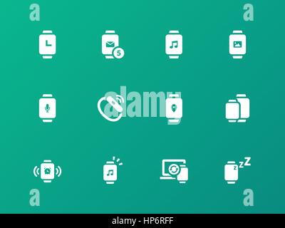 Collection of smart watch app icons on green background. Stock Vector