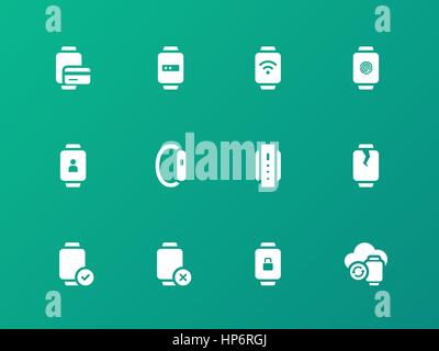 Payment, sync with smart watch icons on green background. Stock Vector