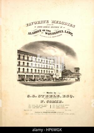 Sheet music cover image of the song 'Favorite Melodies from the Grand Chinese Spectable of Aladdin or The Wonderful Lamp Aladdin Quick Step', with original authorship notes reading 'The Music Composed by T Comer', United States, 1847. The publisher is listed as 'Prentiss and Clark, 33 Court St.', the form of composition is 'da capo', the instrumentation is 'piano', the first line reads 'None', and the illustration artist is listed as 'Bufford and Co. Lith.'. Stock Photo