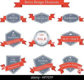 Vector vintage set of labels with red ribbons. Design elements collection. Banners templates in retro style Stock Vector