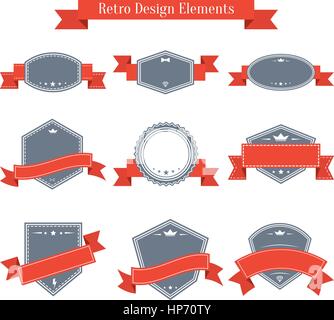 Vector vintage set of labels with red ribbons. Design elements collection. Banners templates in retro style Stock Vector
