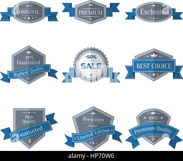 Vector vintage set of labels with blue ribbons. Guaranted, premium quality, best choice, sale design element collection. Banners templates in retro st Stock Vector