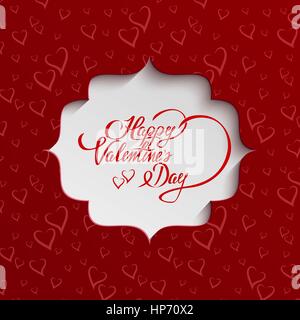 Happy Valentines Day Hand lettering Greeting Card on Paper Cut Banner from Seamless Pattern with Stylized Hearts. Typographical Vector Background Stock Vector