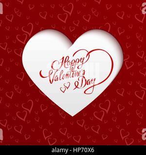 Happy Valentines Day Hand lettering Greeting Card on Paper Cut Heart Shape from Seamless Pattern with Stylized Hearts. Typographical Vector Background Stock Vector