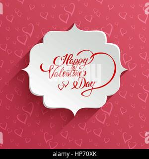 Happy Valentines Day Hand lettering Greeting Card on 3d Banner with Shadow over Seamless Pattern with Stylized Hearts. Typographical Vector Background Stock Vector