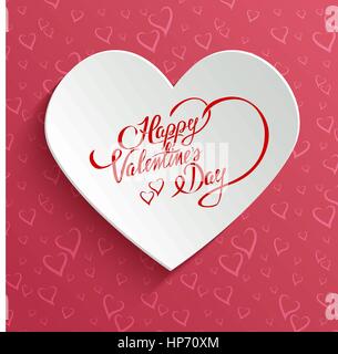 Happy Valentines Day Hand lettering Greeting Card on 3d Heart with Shadow over Seamless Pattern with Stylized Hearts. Typographical Vector Background Stock Vector