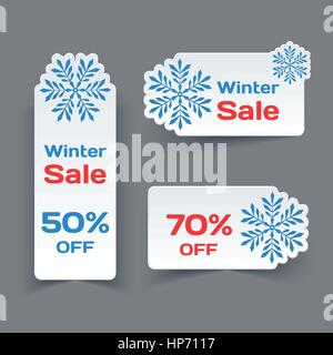 Vector Set of White Paper Retro Labels with Snowflakes. Winter Sale Banners Collection Stock Vector