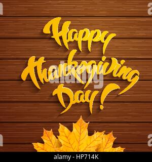 Happy Thanksgiving Day - hand drawn greeting card with maple leaves on wooden background Stock Vector