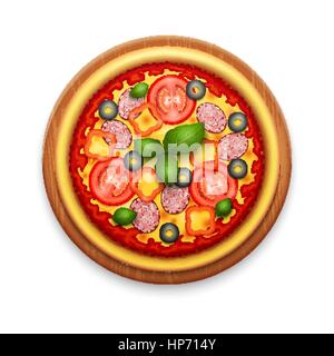 Vector realistic pizza with cheese, cherry tomatoes and basil on wooden cutting board Stock Vector