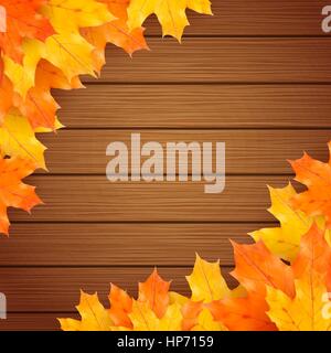 Autumn vector background with realistic maples leaves on wooden board Stock Vector