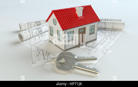 Model of house and key ring on blueprint Stock Photo