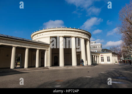 AACHEN, GERMANY - FEBRUARY 22, 2015: Unidentified people by Elisa fountain (Elisenbrunnen) in Aachen, Germany. Pavilion was built in 1822 and contains Stock Photo