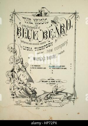 Sheet music cover image of the song 'The Music in the Burlesque of Blue Bears No 2 Dreaming by Night March and Chorus', with original authorship notes reading 'Words by TW Robertson Music by W Meyer Lutz Arranged by Michael Connelly', United States, 1871. The publisher is listed as 'William A. Pond and Co., 547 Broadway', the form of composition is 'strophic (last verse is a duet)', the instrumentation is 'piano and voice', the first line reads 'Dreaming by night, dreaming by day, near her I love my hours pass away', and the illustration artist is listed as 'A.H. Oakes'. Stock Photo