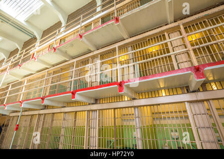 San Francisco, California, United States - August 14, 2016: inside of Alcatraz main room top cells on three levels. All the cells are single for the b Stock Photo