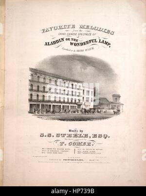 Sheet music cover image of the song 'Favorite melodies from the Grand Chinese Spectacle of Aladdin or The Wonderful Lamp, As produced at the Boston Museum No 5 Alone, Alone', with original authorship notes reading 'Words by SS Steele, Esq The Music Composed by T Comer', United States, 1847. The publisher is listed as 'Prentiss and Clark, Washn. St.', the form of composition is 'strophic', the instrumentation is 'piano and voice', the first line reads 'Like a doomed shade I wander to dark despair', and the illustration artist is listed as 'None'. Stock Photo