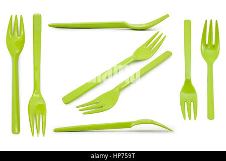 Collection  green plastic forks isolated on white background Stock Photo