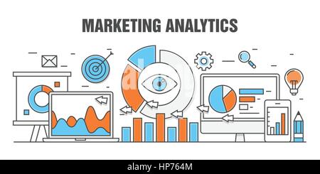 Modern concept of marketing analytics, finding target market, sales report, data research and analysis with different icons, charts, and devices Stock Vector
