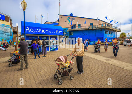 San Francisco, California, United States - August 14, 2016: tourists buy tickets for Aquarium of the Bay, a popular attraction, between Embarcadero an Stock Photo