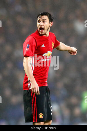 Manchester United's Matteo Darmian during the Emirates FA Cup, Fifth Round match at Ewood Park, Blackburn. PRESS ASSOCIATION Photo. Picture date: Sunday February 19, 2017. See PA story SOCCER Blackburn. Photo credit should read: Martin Rickett/PA Wire. RESTRICTIONS: EDITORIAL USE ONLY No use with unauthorised audio, video, data, fixture lists, club/league logos or 'live' services. Online in-match use limited to 75 images, no video emulation. No use in betting, games or single club/league/player publications. Stock Photo