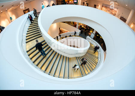 Spiral staircase in Museum of Liverpool on Liverpool's historic waterfront, UK (taken with fish eye lens) Stock Photo