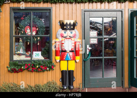 DUISBURG, GERMANY - DECEMBER 17, 2016: Wooden shop with decorations at Christmas fair in Duisburg, Germany Stock Photo